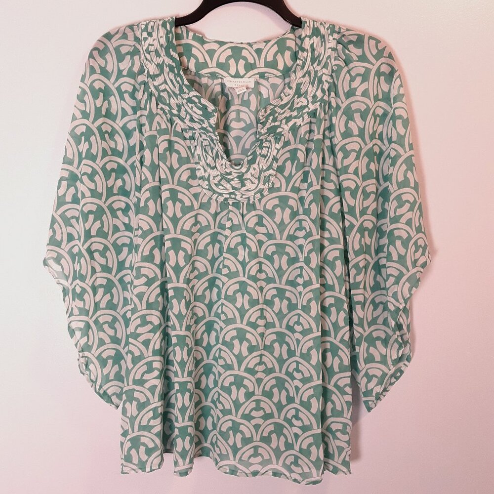 Charter Club Flowy Top, Green & White Geometric Pattern, 2X